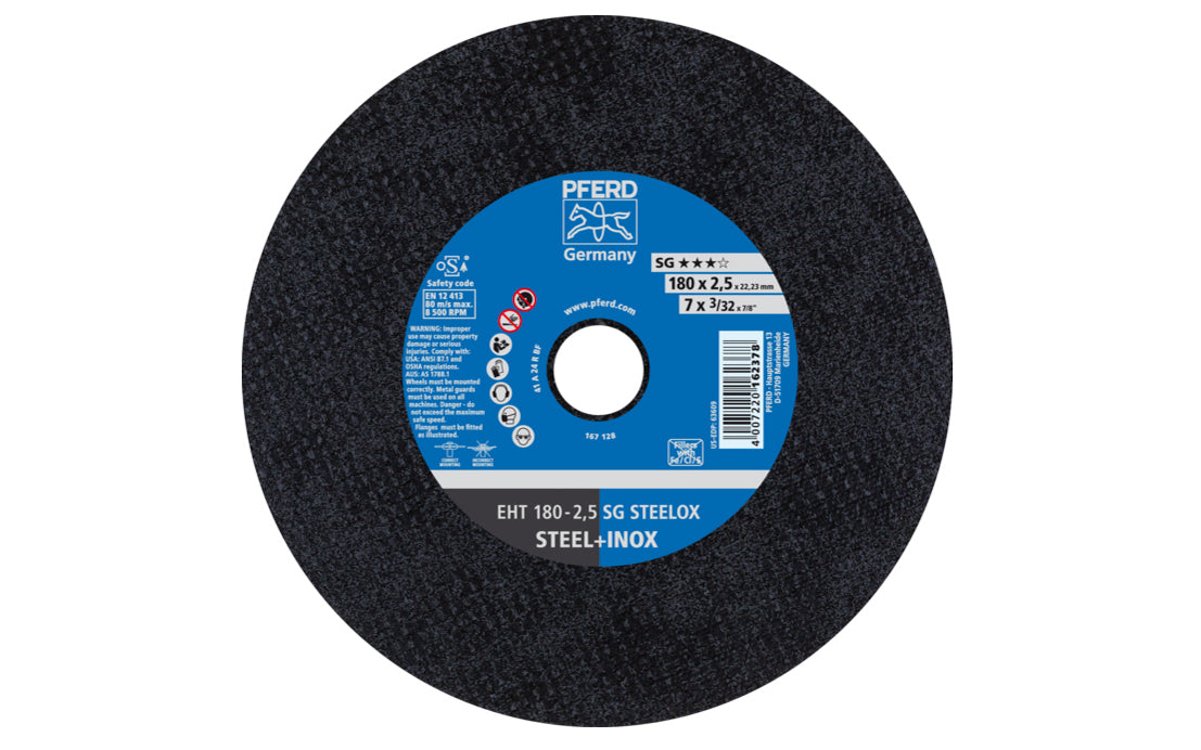 High quality 7" Cut-Off Wheel made by Pferd in Germany. Model 63609. Cut off wheel is designed for steel & stainless steels & also for super alloys such as Inconel & Monel. Fast cutting action. 7" diameter of wheel. 7/8" arbor hole diameter. 1/8" thickness of blade. cut off disc. 4007220162378. Made in 