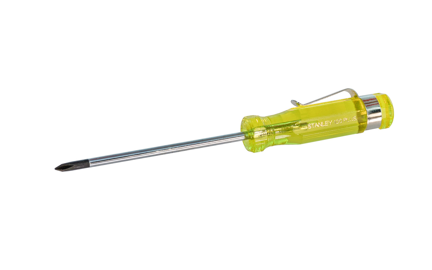Stanley "100 Plus" No. 0 Phillips Small Screwdriver is great for heavy-duty applications. Model 64-100-A. Screwdriver has magnetic black oxide tip allows secure grip on fasteners. Precision cold formed tips provide high torque performance. 100% acetate handle stands up to heavy use. #0 Phillips Stanley Screwdriver