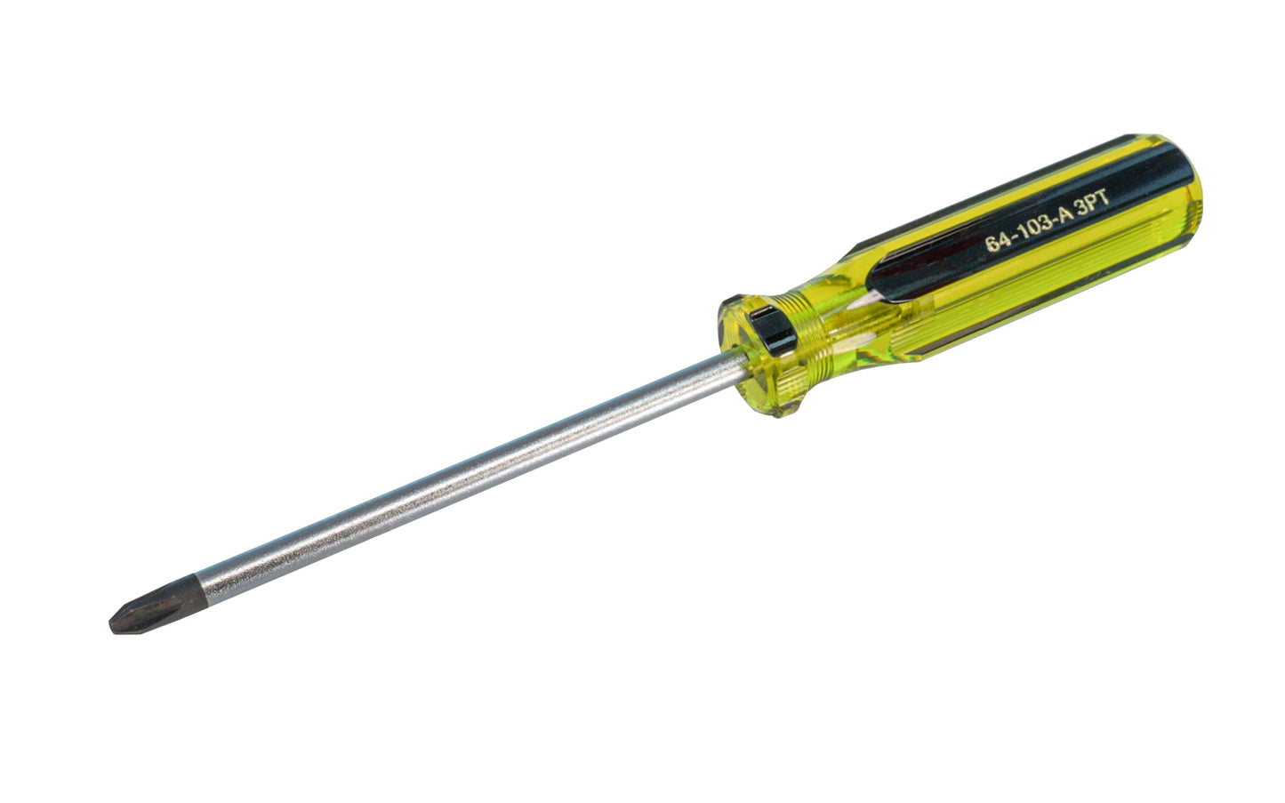 Stanley "100 Plus" No. 3 Phillips Screwdriver is great for heavy-duty applications. Model 64-103-A. Screwdriver has magnetic black oxide tip allows secure grip on fasteners. Precision cold formed tips provide high torque performance. 100% acetate handle stands up to heavy industrial use. #3 Phillips Stanley Screwdriver