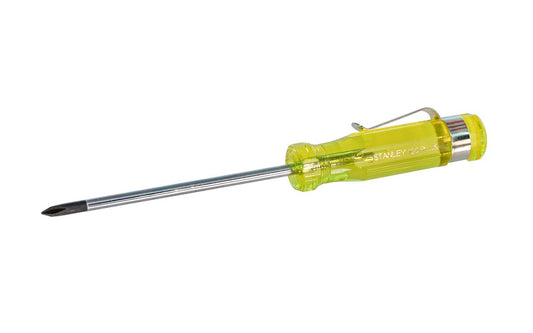 Stanley "100 Plus" No. 0 Phillips Small Screwdriver. Model 64-170-A. Screwdriver has magnetic black oxide tip allows secure grip on fasteners. Precision cold formed tips provide high torque performance. 100% acetate handle stands up to heavy use. #0 Phillips Stanley Screwdriver. 2" long blade