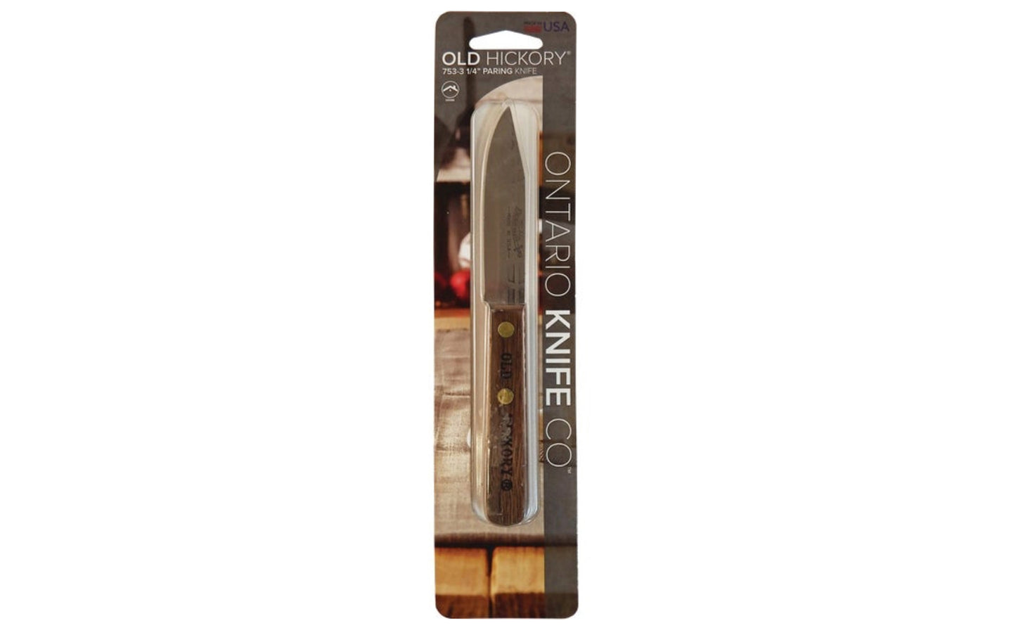 Old Hickory 3-1/4" Paring Knife. This knife is made with 1095 carbon steel, fully heat treated & tempered to provide a razor sharp cutting edge which is easily sharpened when needed. Knife is fitted with an attractive hardwood handle branded Old Hickory & secured with brass compression rivets. Model 7070. Made in USA.