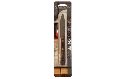 Old Hickory 3-1/4" Paring Knife. This knife is made with 1095 carbon steel, fully heat treated & tempered to provide a razor sharp cutting edge which is easily sharpened when needed. Knife is fitted with an attractive hardwood handle branded Old Hickory & secured with brass compression rivets. Model 7070. Made in USA.