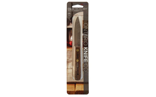 Old Hickory 3-1/4" Paring Knife. This knife is made with 1095 carbon steel, fully heat treated & tempered to provide a razor sharp cutting edge which is easily sharpened when needed. Knife is fitted with an attractive hardwood handle branded Old Hickory & secured with brass compression rivets. Model 7070. Made in USA.