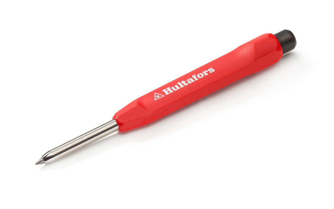 Hultafors Dry-Marker is a grip-friendly pen in a holster with built-in sharpener for clear markings. Deep Hole Marker. Optimized lead for durability & resistance to moisture. Sharp & accessible sharpener placed in holster. Model 650100. HDM. Grip-friendly & ergonomic design. With Refills. Refill available with 10 leads