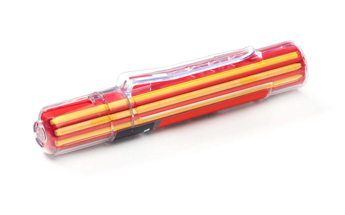 Hultafors Dry-Marker graphite refills HRD-GRY. 10 leads for marking on all types of surfaces. Graphite Lead Points. Graphite, Red, Yellow colors. Clip in the pocket or tool bag. Container protects the leads during transport & only ejects one lead at a time.  Refill fits the Hultafors Dry Marker. Part # 650120