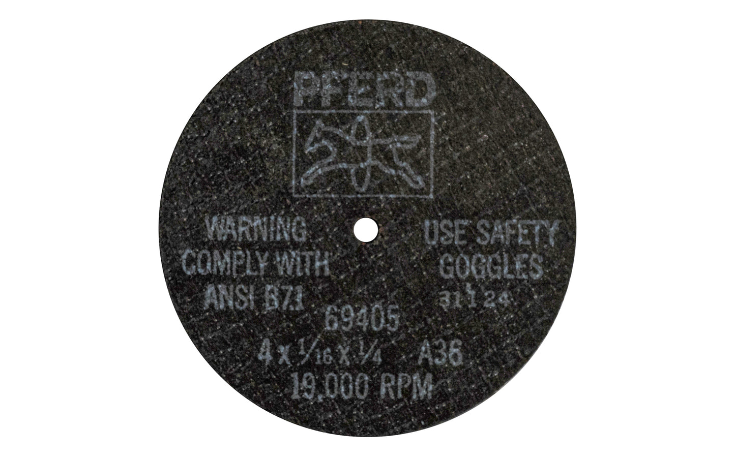 High quality 4" Cut-Off Wheel made by Pferd in Germany. This cut off wheel is designed for steel, cutting of sheet metal, sections, cutting solid material. The cut off disc has fast cutting action. 4" diameter of wheel. 1/4" Arbor. 1/16" thickness of blade. Model 69405 ~ Made in Germany.