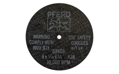 High quality 4" Cut-Off Wheel made by Pferd in Germany. This cut off wheel is designed for steel, cutting of sheet metal, sections, cutting solid material. The cut off disc has fast cutting action. 4" diameter of wheel. 1/4" Arbor. 1/16" thickness of blade. Model 69405 ~ Made in Germany.