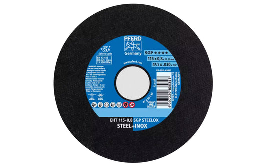 High quality 4-1/2" Cut-Off Wheel made by Pferd in Germany. This cut off wheel is designed for steel & stainless steels, cutting of thin sheet metal & profiles, cutting out holes. The cut off disc has fast cutting action. 4-1/2" diameter of wheel. 7/8" Arbor. .030" thickness - Extra thin blade. 4007220835357.  Model 69817 ~ Made in Germany.