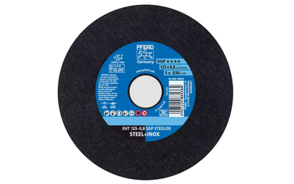 High quality 5" Cut-Off Wheel made by Pferd in Germany. This cut off wheel is designed for steel & stainless steels, cutting of thin sheet metal & profiles, cutting out holes. The cut off disc has fast cutting action. 5" diameter of wheel. 7/8" Arbor. .030" thickness - Extra thin blade. 4007220835364.  Made in Germany.