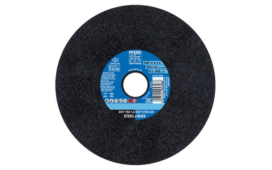 High quality 6" Cut-Off Wheel made by Pferd in Germany. Cut off wheel is designed for steel & stainless steels & suitable for super alloys such as Inconel & Monel. Fast cutting action. 6" diameter of wheel. 7/8" arbor hole diameter. 0.045" thickness of blade. cut off disc. 4007220953488. Model 69865. Made in Germany.