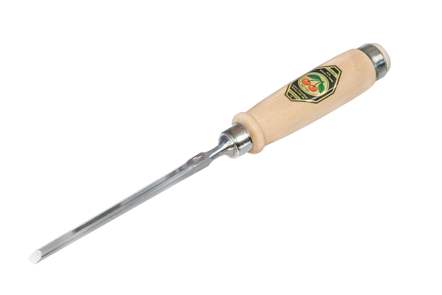 Made in Germany ~ Two Cherries · 1001 series ~ high carbon steel ~ Tempered to Rc61 Rockwell ~ Varnished flat Hornbeam handle - Stechbeitel - Firmer Chisel - short length, light pattern, bevelled edges, Flat hornbeam handle - bevel edge - steel ferrule ~ for use with mallets - 6 mm - 6MM Wide - 4016649101103 - 1001/006