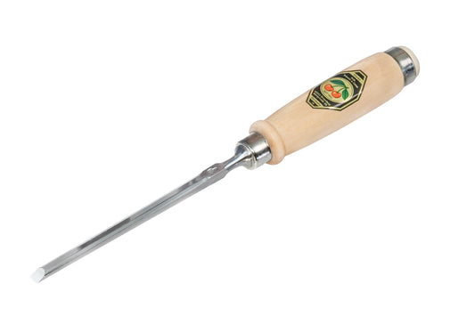 Made in Germany ~ Two Cherries · 1001 series ~ high carbon steel ~ Tempered to Rc61 Rockwell ~ Varnished flat Hornbeam handle - Stechbeitel - Firmer Chisel - short length, light pattern, bevelled edges, Flat hornbeam handle - bevel edge - steel ferrule ~ for use with mallets - 6 mm - 6MM Wide - 4016649101103 - 1001/006