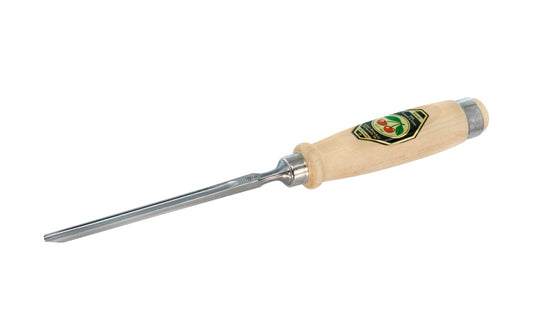 Model 1431-6MM. A 6 mm Firmer Gouge made by Two Cherries in Germany. It has an curve in the length of the blade with the cutting bevel on the outside, known as an out-cannel gouge, for use in working concave hollows. Two Cherries Series 1431. Steel Ferrule. High carbon steel, Tempered to Rc61 Rockwell. Made in Germany