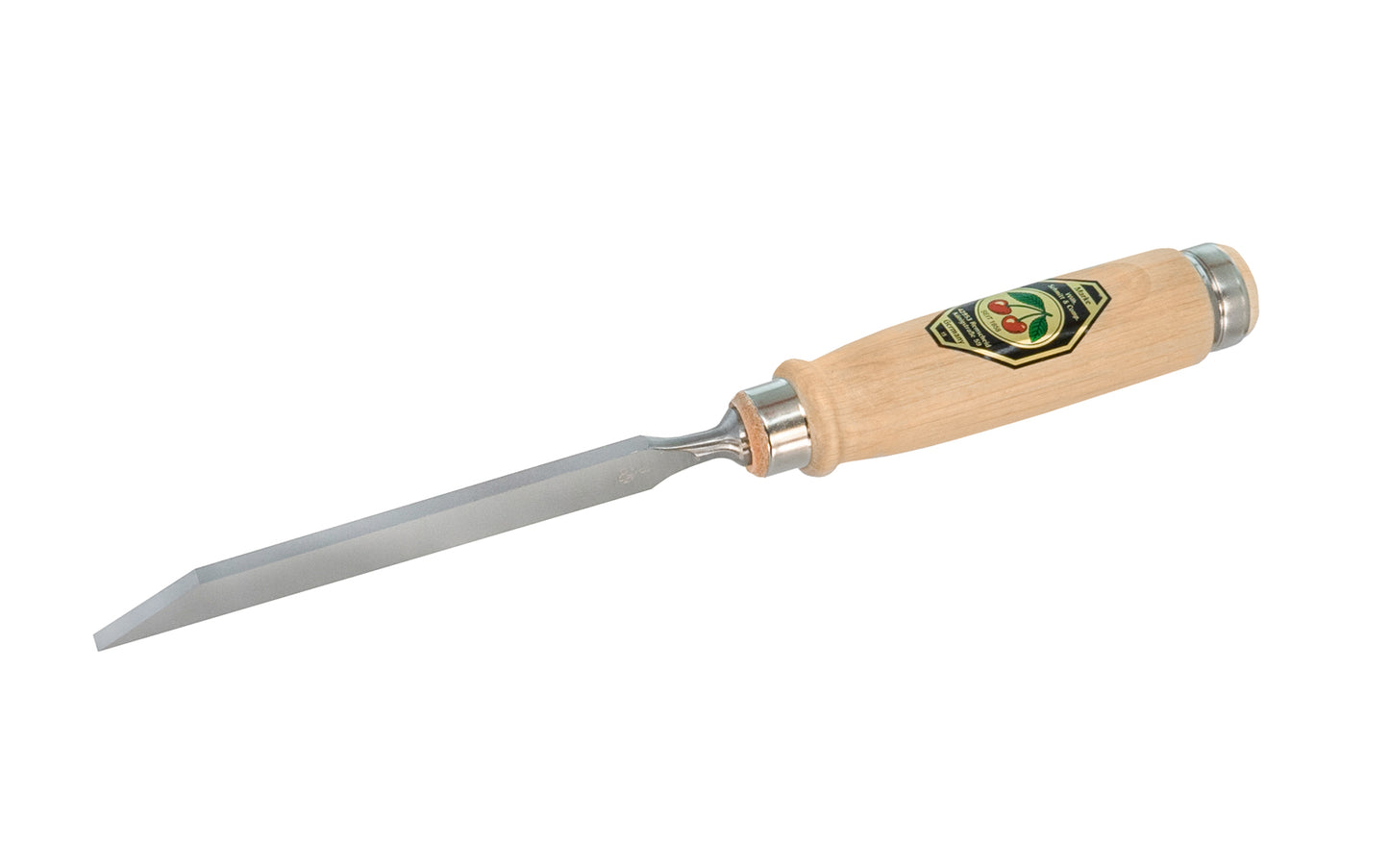 6 mm Mortise Chisel made by Two Cherries in Germany. This chisel has a stiff thick blade for clearing out wood waste & wide side edges that help keep the chisel square when working in the mortise. Chisel has a leather disc shock absorber. Two Cherries Series 1301. Model 1301-6MM. High carbon steel. Made in Germany.