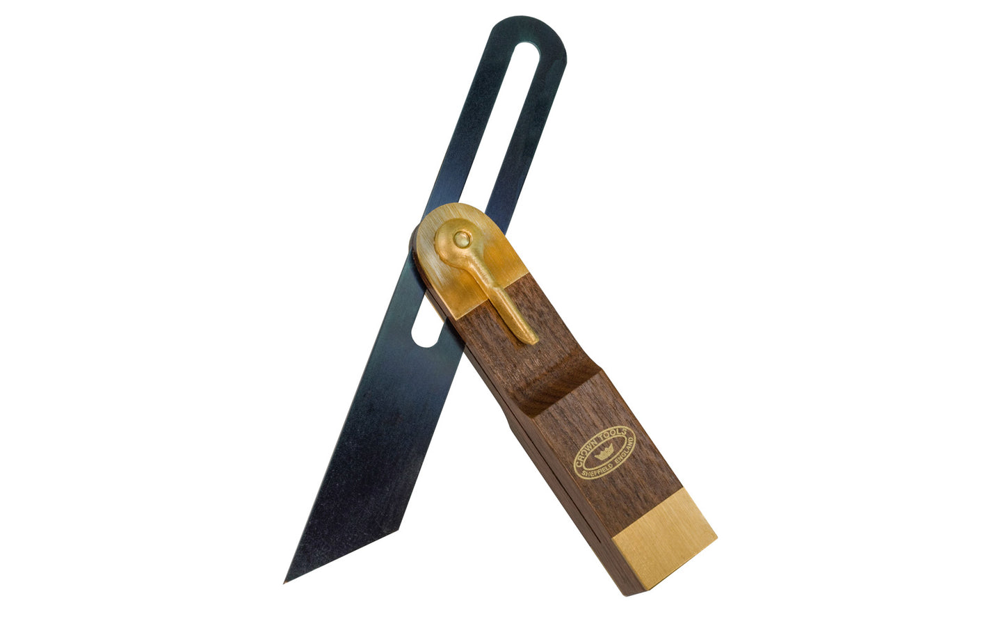 This Crown Tools 7-1/2" Walnut Sliding T-Bevel is used for measuring & transferring angles. Features a hardened & tempered blued steel blade & the walnut bevel fitted with brass. The lever lock secures the blade in any position. A great & handy tool for angle layouts & measurements.  Made in Sheffield, England. Model 115AW
