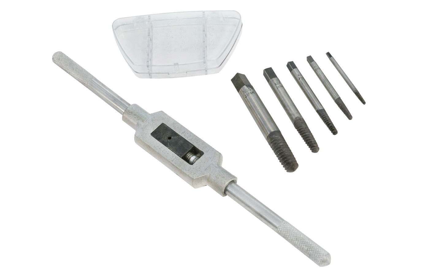 7-PC Screw Extractor Set with a forged tap wrench. Includes No. 1, No. 2,  No. 3,  No. 4, No. 5  screw extractors sizes. Plastic storage case included.  Made in Japan.