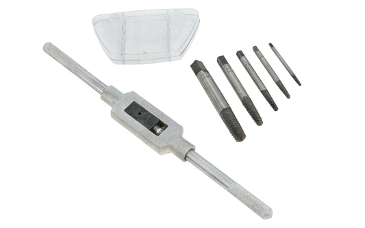 7-PC Screw Extractor Set with a forged tap wrench. Includes No. 1, No. 2,  No. 3,  No. 4, No. 5  screw extractors sizes. Plastic storage case included.  Made in Japan.