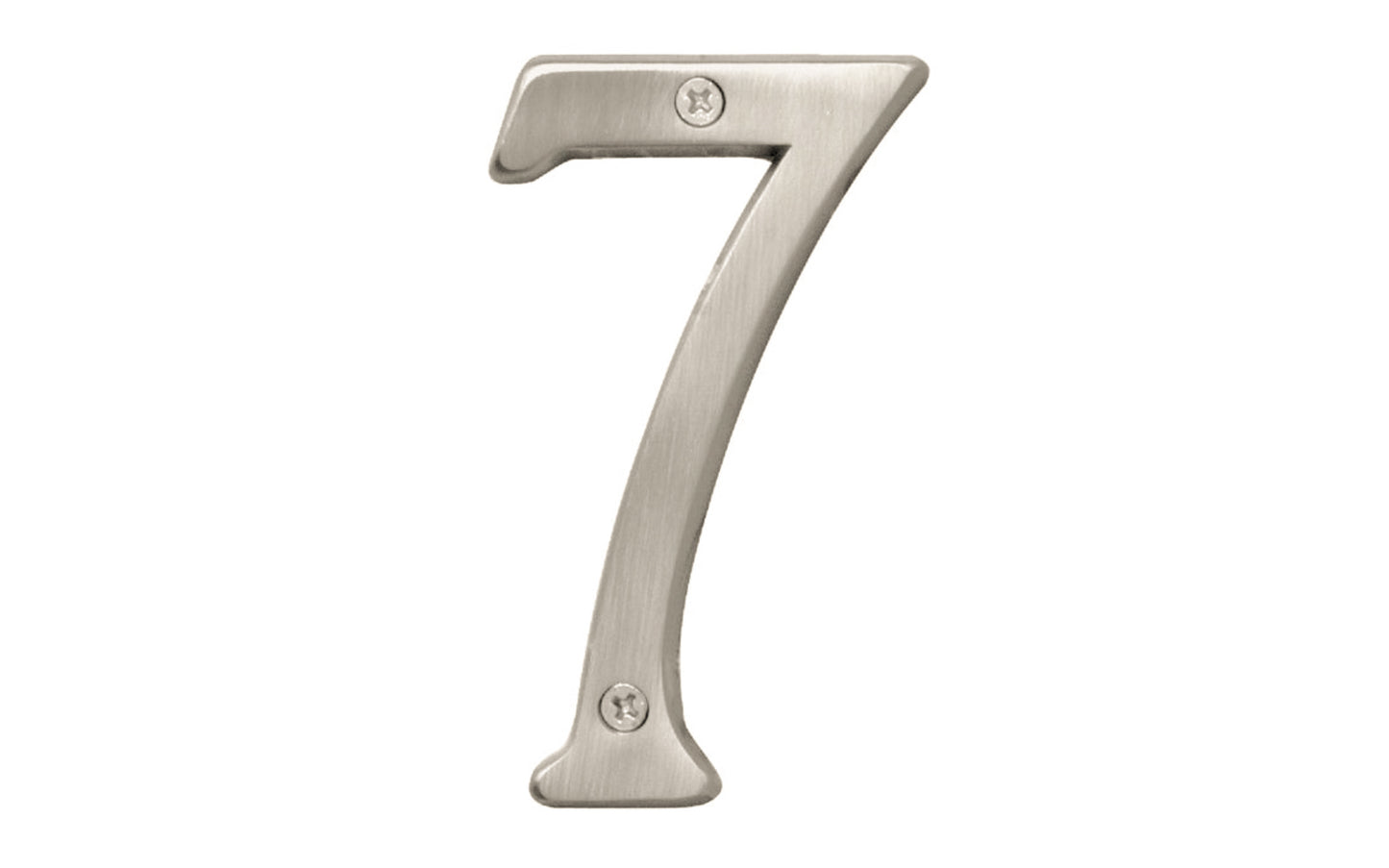 Number Seven House Number in a 4" size. Satin nickel finish. Includes two phillips flat head screws. #7 house number. Hy-Ko Model BR-43SN/7.  Hardware house numbers for outdoors. Includes screws. 029069309374. #7 Satin Nickel House Number - 4" Size