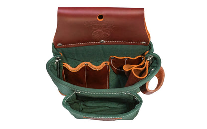 Occidental Leather "Oxy Lights" 2-Pouch Tool Bag ~ 8017 - Fits 3" work belt - Green Pouch - 2-pouch tool bag features holders for pencils, work knife, chisel, level, lumber crayon, hammer loop. Tool bag corners are reinforced with Occidental's trademark "OxyRed" leather. Nylon & genuine Leather - Without Tape Pocket