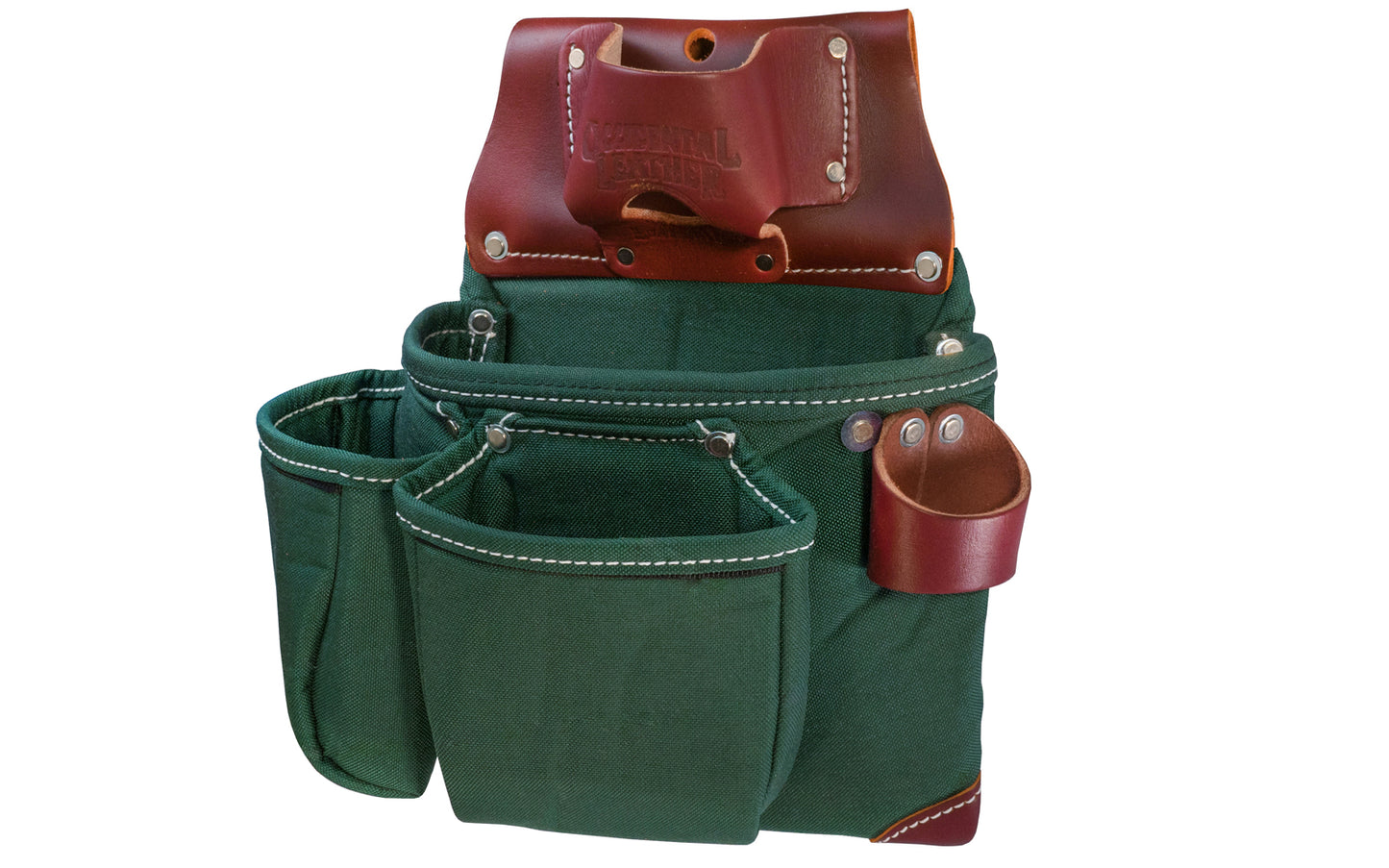 Occidental Leather 3-Pouch Tool Bag ~ 8018DB - Fits 3" work belt - Green Pouch - Three pouch tool bag features holders for pencils, work knife, chisel, level, lumber crayon, hammer loop. Main tool bag corners are reinforced with Occidental's trademark "OxyRed" leather. Made of Nylon & genuine Leather - With Tape Pocket