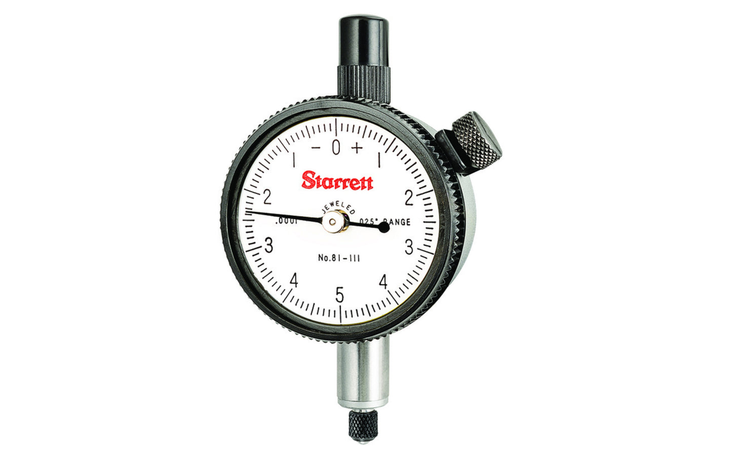 Starrett Dial Indicator - 81-111J. Starrett 81 Series Dial Indicator has a shockless, hardened steel gear train and jewel bearings. It is furnished with a lug-on-center back. Antimagnetic and special non-shock mechanisms are options available for all models. .025" Range, Dial Reading 0-5-0, .0001" Grad.   Made in USA.