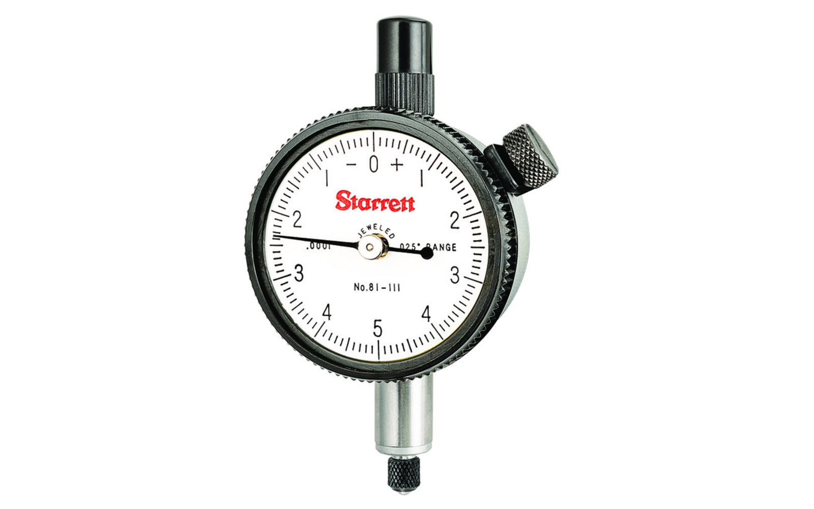Starrett Dial Indicator - 81-111J. Starrett 81 Series Dial Indicator has a shockless, hardened steel gear train and jewel bearings. It is furnished with a lug-on-center back. Antimagnetic and special non-shock mechanisms are options available for all models. .025" Range, Dial Reading 0-5-0, .0001" Grad.   Made in USA.