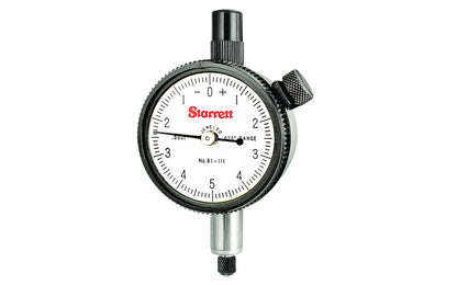 Starrett Dial Indicator - 81-111J. Starrett 81 Series Dial Indicator has a shockless, hardened steel gear train and jewel bearings. It is furnished with a lug-on-center back. Antimagnetic and special non-shock mechanisms are options available for all models. .025" Range, Dial Reading 0-5-0, .0001" Grad.   Made in USA.