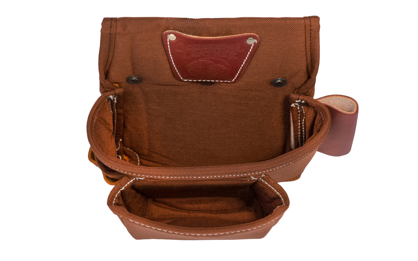 Occidental Leather's "Stronghold" rough framer fastener bag is a lightweight all-nylon two pouch tool bag with leather holders & reinforced corners. 7 holders for nail sets or driver bits, tri-square, cat's paw. The pouch has a leather sleeve for clip-on tape or upper bag - Model 8381 - Nylon material with a foam core
