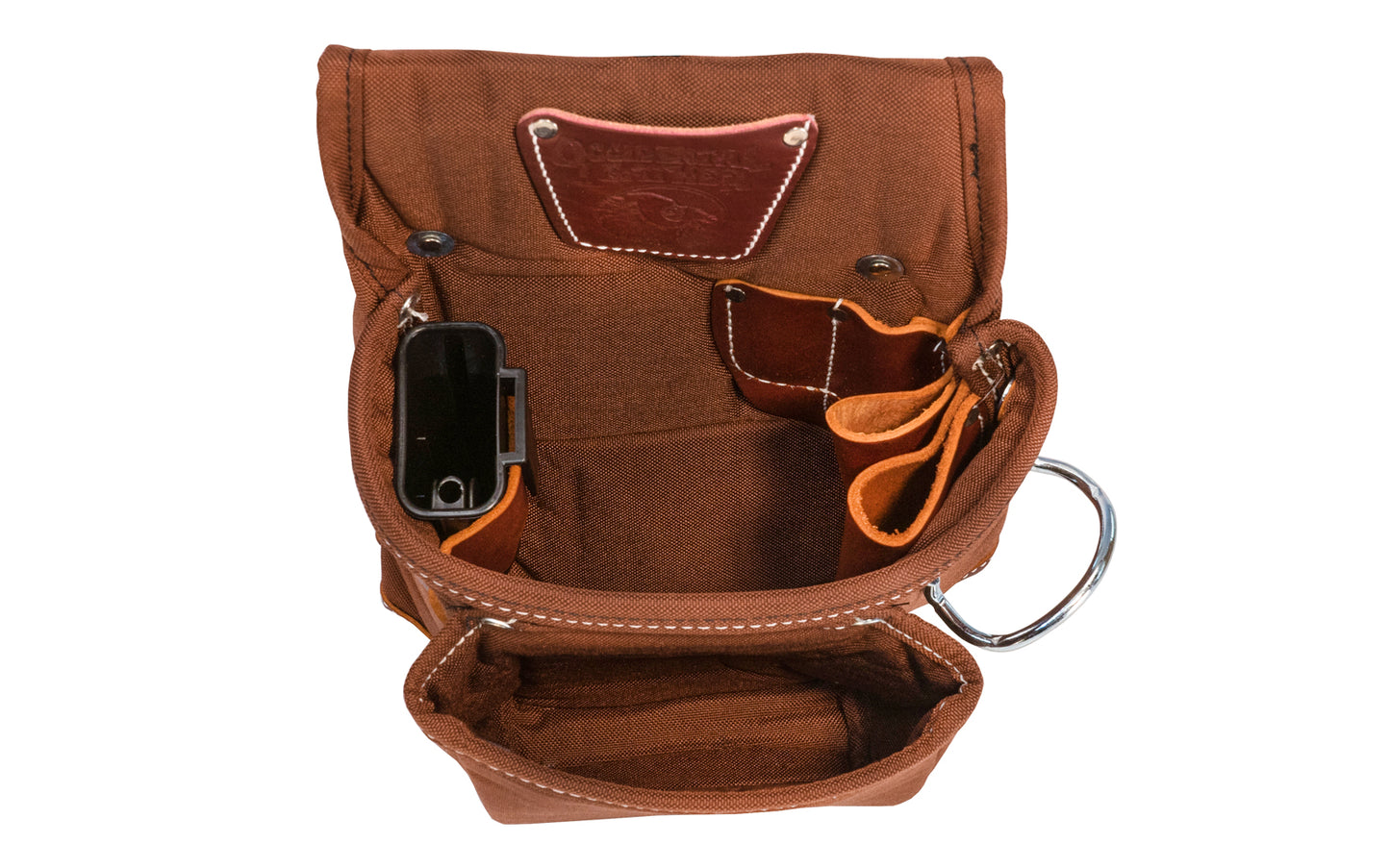 Occidental Leather's Rough Framer's lightweight all-nylon two pouch tool bag with leather reinforced corners. Leather sleeve for clip-on tape or upper bag. Includes metal hammer holder. Model 8382 - Nylon material with a foam core - 11 total pockets & tool holders - Great for hammers, pencils, utility knife, & chisels