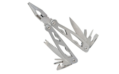 Stanley 12-in-1 Multi-Tool has stainless-steel construction with nylon holster. Includes long nose pliers, curve jaw pliers, wire cutter, saw, Phillips screwdriver, standard 1/4", 5/16", 1/8" screwdrivers, file, small knife, large knife, can opener, & bottle opener. Multi-purpose tool for everyday use. Model No. 84-519