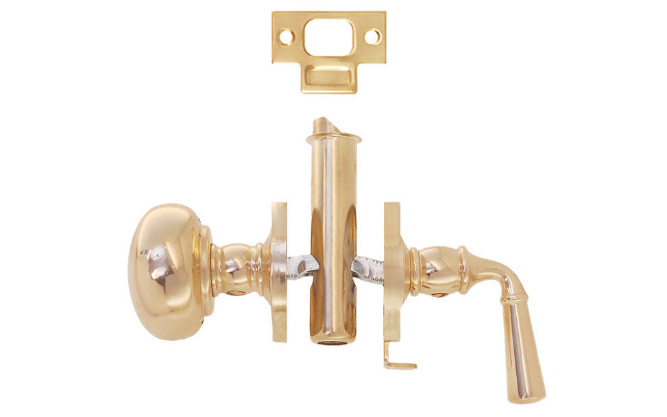 Classic & traditional brass screen door mortise latch set with a knob & lever. The doorknob itself is hollow core & made of brass material, & the lever is made of solid brass. Reversible for right or left applications. 1-3/4" backset. Unlacquered Brass (will patina over time). Non-lacquered Brass.