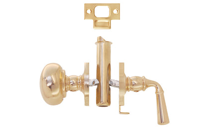 Classic & traditional brass screen door mortise latch set with a knob & lever. The doorknob itself is hollow core & made of brass material, & the lever is made of solid brass. Reversible for right or left applications. 1-3/4" backset. Unlacquered Brass (will patina over time). Non-lacquered Brass.