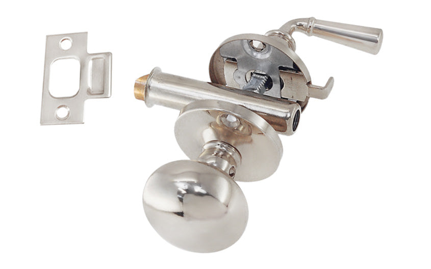 Classic & traditional brass screen door mortise latch set with a knob & lever. The doorknob itself is hollow core & made of brass material, & the lever is made of solid brass. Reversible for right or left applications. 1-3/4" backset. Polished Nickel Finish.