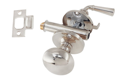 Classic & traditional brass screen door mortise latch set with a knob & lever. The doorknob itself is hollow core & made of brass material, & the lever is made of solid brass. Reversible for right or left applications. 1-3/4" backset. Polished Nickel Finish.