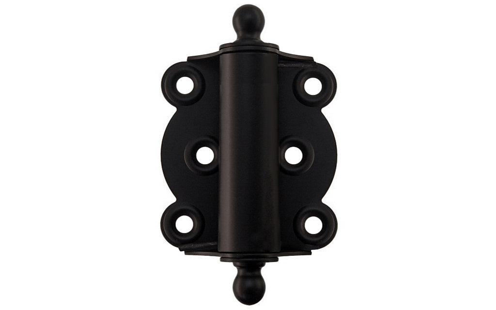 Traditional full surface brass spring hinge with solid brass ball-tips with a concealed spring. Designed for screen doors & other light duty self-closing doors. 2-1/4" wide x 2-3/4" high. Solid Brass Ball Tip Screen Door Hinge. Oil Rubbed Bronze Finish.