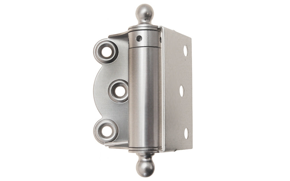 Traditional half surface brass spring hinge with solid brass ball-tips with a concealed spring. Designed for screen doors & other light duty self-closing doors. 2-3/4" high hinge size. Solid Brass Ball Tip Screen Door Hinge. Brushed Nickel Finish.