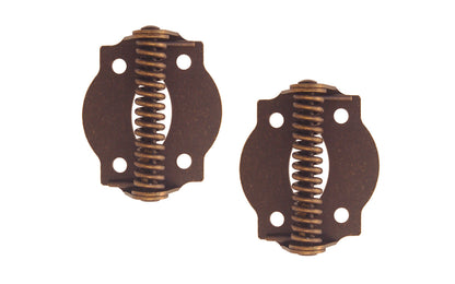 A pair of very traditional full surface hinges with spring, for screen doors & other self-closing doors. Spring-loaded & made of steel material with a plated finish on steel. Available in various finishes. 1-3/4" x 1-3/4" size of each hinge. Sold as pairs. Traditional & classic Steel Spring-Loaded Screen Door Hinges. Antique Brass Finish