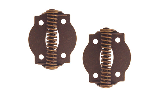 A pair of very traditional full surface hinges with spring, for screen doors & other self-closing doors. Spring-loaded & made of steel material with a plated finish on steel. Available in various finishes. 1-3/4" x 1-3/4" size of each hinge. Sold as pairs. Traditional & classic Steel Spring-Loaded Screen Door Hinges. Antique Brass Finish