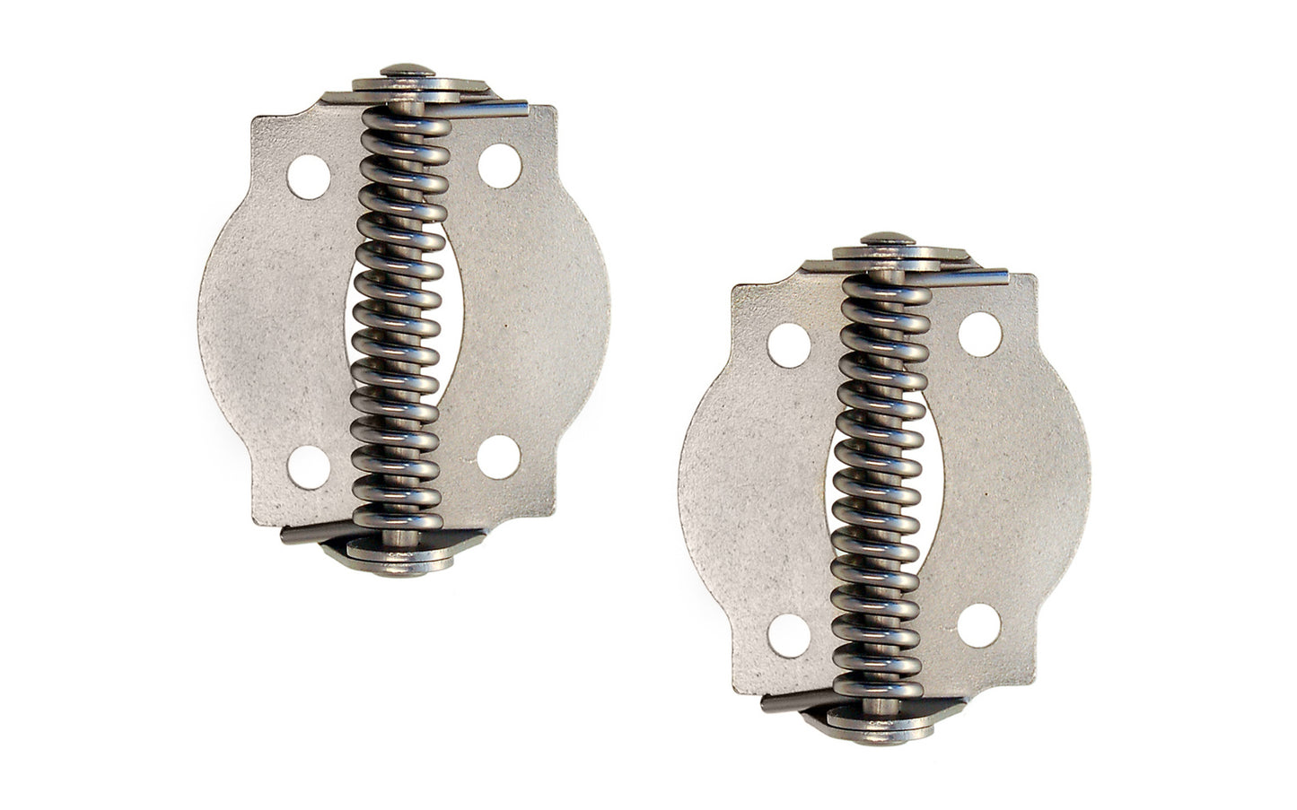 A pair of very traditional full surface hinges with spring, for screen doors & other self-closing doors. Spring-loaded & made of steel material with a plated finish on steel. Available in various finishes. 1-3/4" x 1-3/4" size of each hinge. Sold as pairs. Traditional & classic Steel Spring-Loaded Screen Door Hinges. Brushed Nickel Finish