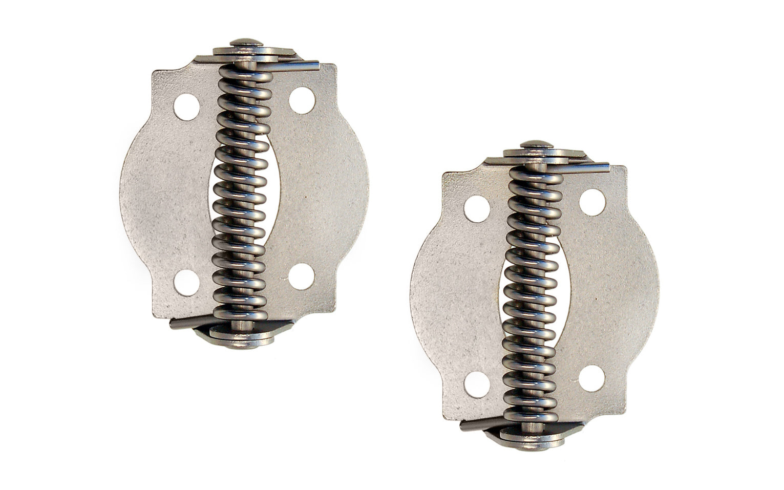 A pair of very traditional full surface hinges with spring, for screen doors & other self-closing doors. Spring-loaded & made of steel material with a plated finish on steel. Available in various finishes. 1-3/4" x 1-3/4" size of each hinge. Sold as pairs. Traditional & classic Steel Spring-Loaded Screen Door Hinges. Brushed Nickel Finish