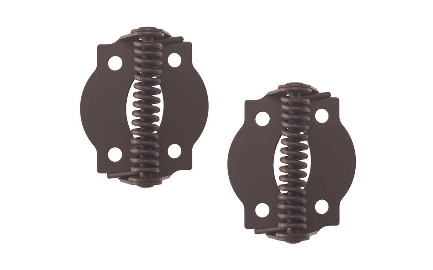A pair of very traditional full surface hinges with spring, for screen doors & other self-closing doors. Spring-loaded & made of steel material with a plated finish on steel. Available in various finishes. 1-3/4" x 1-3/4" size of each hinge. Sold as pairs. Traditional & classic Steel Spring-Loaded Screen Door Hinges. Oil Rubbed Bronze Finish