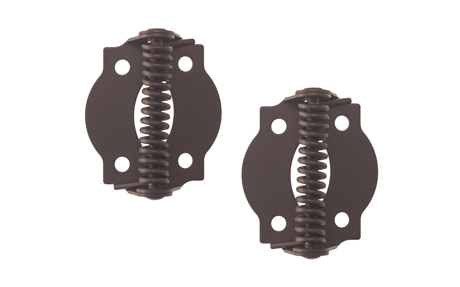 A pair of very traditional full surface hinges with spring, for screen doors & other self-closing doors. Spring-loaded & made of steel material with a plated finish on steel. Available in various finishes. 1-3/4" x 1-3/4" size of each hinge. Sold as pairs. Traditional & classic Steel Spring-Loaded Screen Door Hinges. Oil Rubbed Bronze Finish