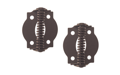 A pair of very traditional full surface hinges with spring, for screen doors & other self-closing doors. Spring-loaded & made of steel material with a plated finish on steel. Available in various finishes. 1-3/4" x 1-3/4" size of each hinge. Sold as pairs. Traditional & classic Steel Spring-Loaded Screen Door Hinges. Oil Rubbed Bronze Finish