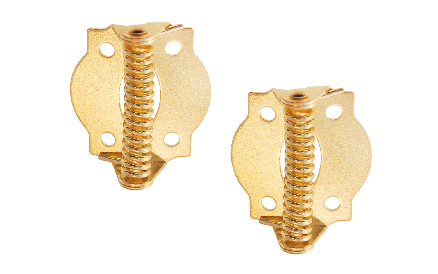 A pair of very traditional full surface hinges with spring, for screen doors & other self-closing doors. Spring-loaded & made of steel material with a plated finish on steel. Available in various finishes. 1-3/4" x 1-3/4" size of each hinge. Sold as pairs. Traditional & classic Steel Spring-Loaded Screen Door Hinges. Brass Finish