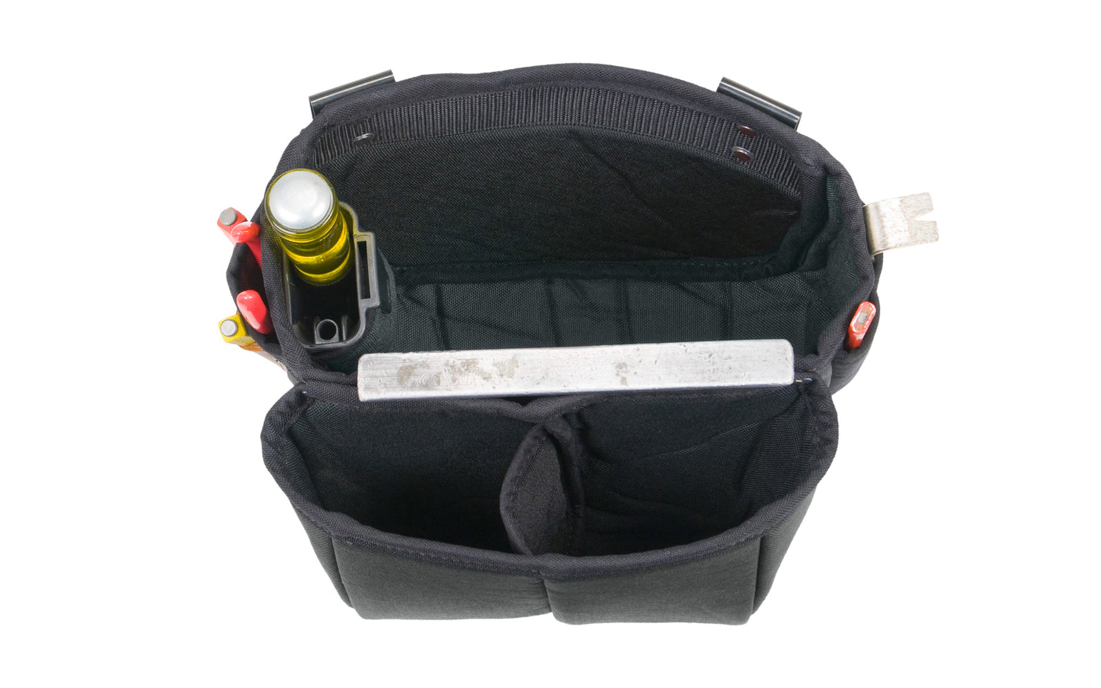 Occidental Leather Builders' Vest Clip On Bag ~ Model 8550 - Occidental Leather clip-on barrel shape tool bag features holders for nail sets, driver bits, pencil, cat's paw or angle square. Clip-On Bag holder. Designed to fit the Builders' Vest No. 2535. Made of industrial nylon material & genuine leather. 759244227307