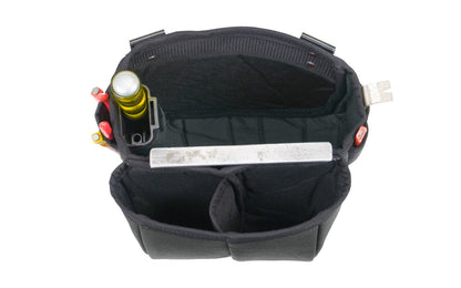 Occidental Leather Builders' Vest Clip On Bag ~ Model 8550 - Occidental Leather clip-on barrel shape tool bag features holders for nail sets, driver bits, pencil, cat's paw or angle square. Clip-On Bag holder. Designed to fit the Builders' Vest No. 2535. Made of industrial nylon material & genuine leather. 759244227307