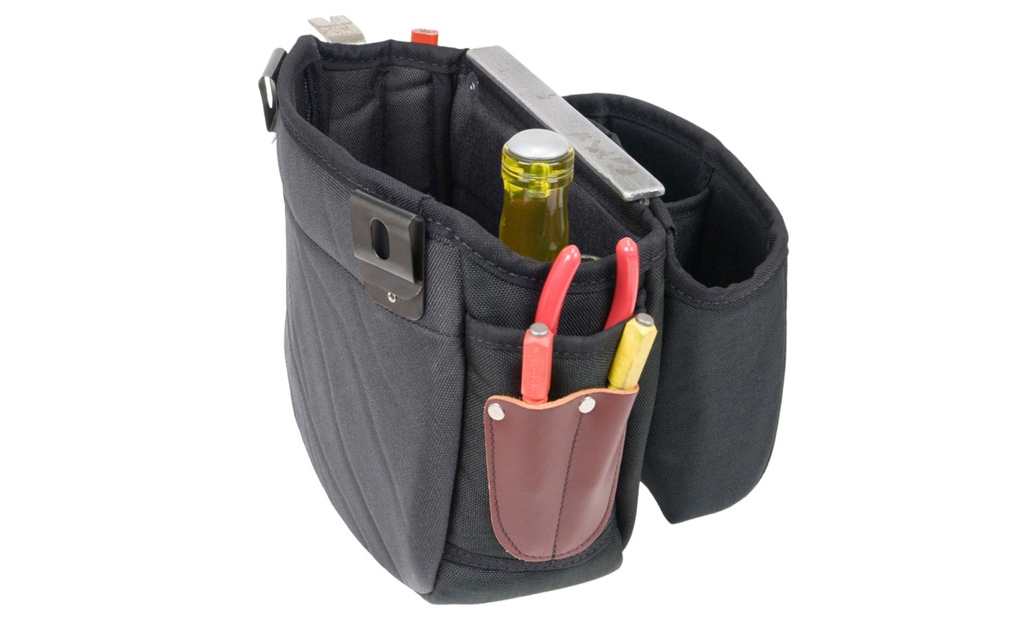 Occidental Leather Builders' Vest Clip On Bag ~ Model 8550 - Occidental Leather clip-on barrel shape tool bag features holders for nail sets, driver bits, pencil, cat's paw or angle square. Clip-On Bag holder. Designed to fit the Builders' Vest No. 2535. Made of industrial nylon material & genuine leather. 759244227307