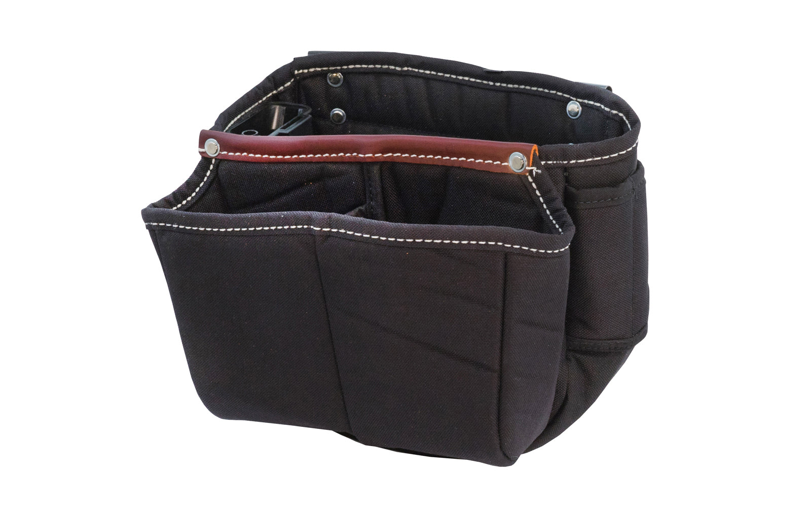 Occidental Leather Builders' Vest Clip On Bag ~ Model 8550 - Occidental Leather clip-on barrel shape tool bag features holders for nail sets, driver bits, pencil, cat's paw or angle square. Clip-On Bag holder. Designed to fit the Builders' Vest No. 2535. Made of industrial nylon material & genuine leather. 759244227307