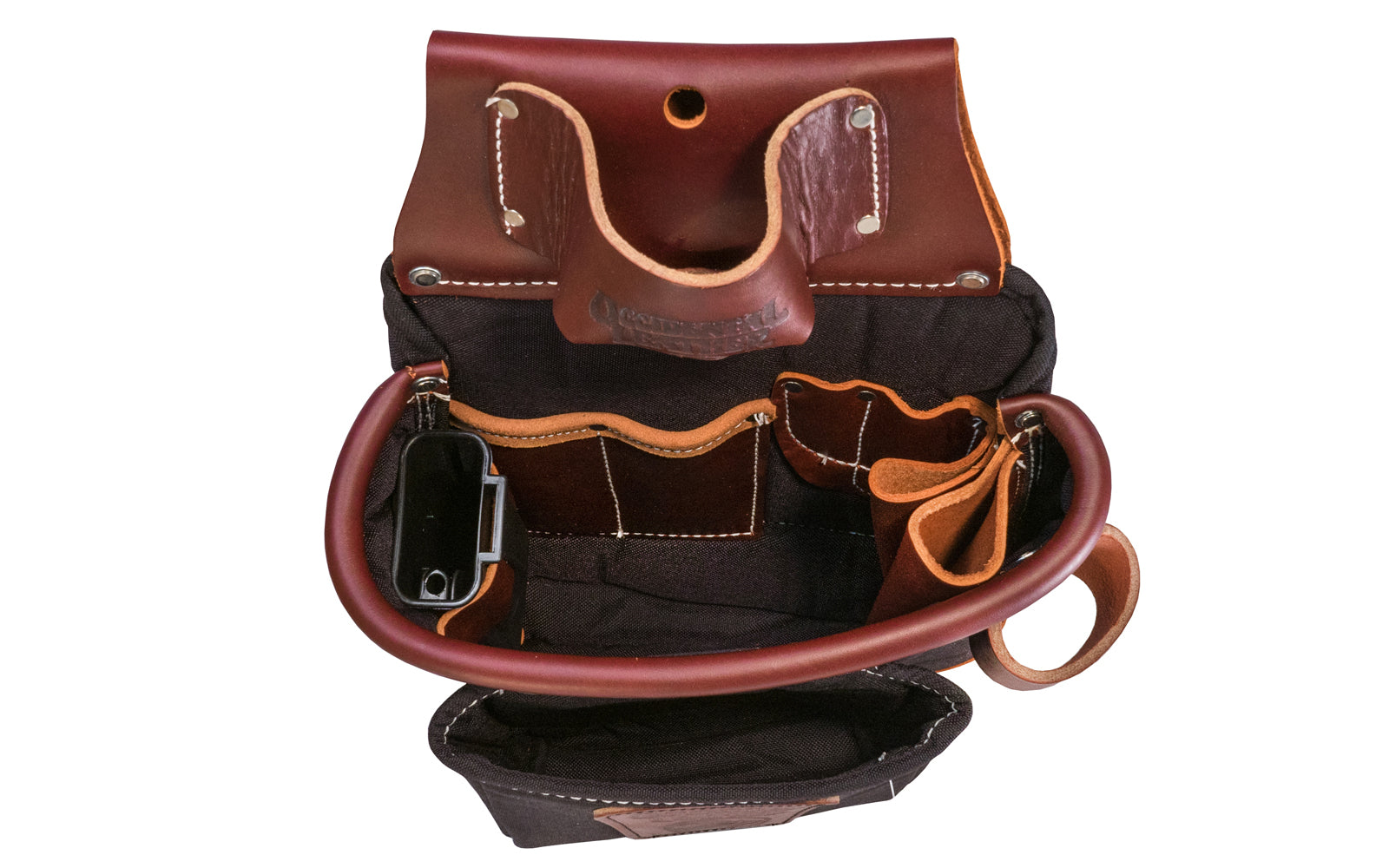 Occidental Leather Fat Lip Tool Bag ~ Model 8582 - Fits a 3" work belt - These bags are 10" deep & feature a full leather boot along with a distinctive leather "FatLip" bag mouth. Leather "FatLip" keeps the bag formed, open, & protected against abrasion. Made of Nylon & genuine Leather - 13 total pockets & tool holders