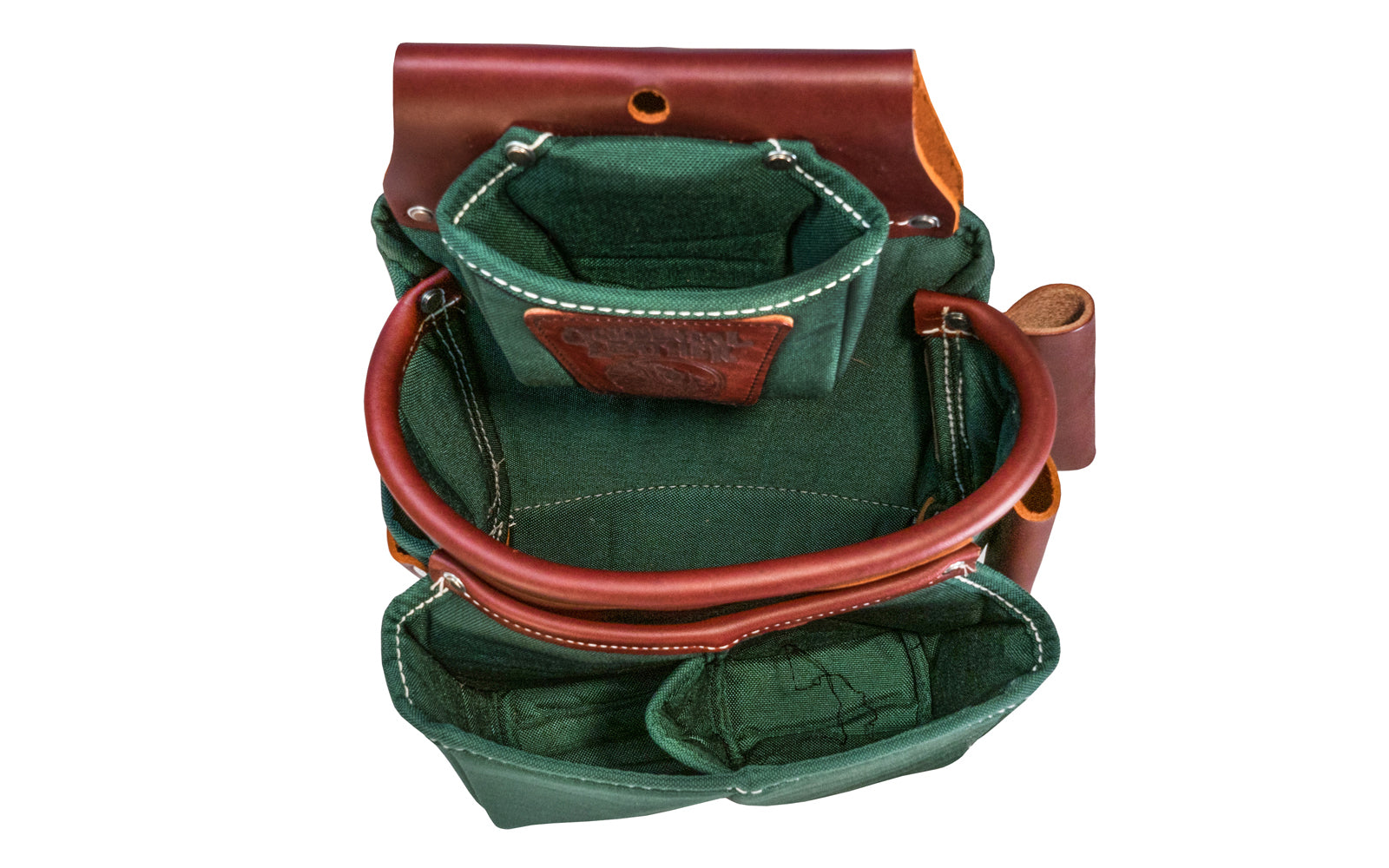 Occidental Leather Heritage Fat Lip Fastener Bag ~ Model 8583 - Fits 3" work belt - Bags are 10" deep & feature a full leather boot along with distinctive leather "FatLip" mouth. "FatLip" keeps the bag formed, open, & protected against abrasion. Made of Nylon & genuine Leather - 10 total pockets & tool holders - Green